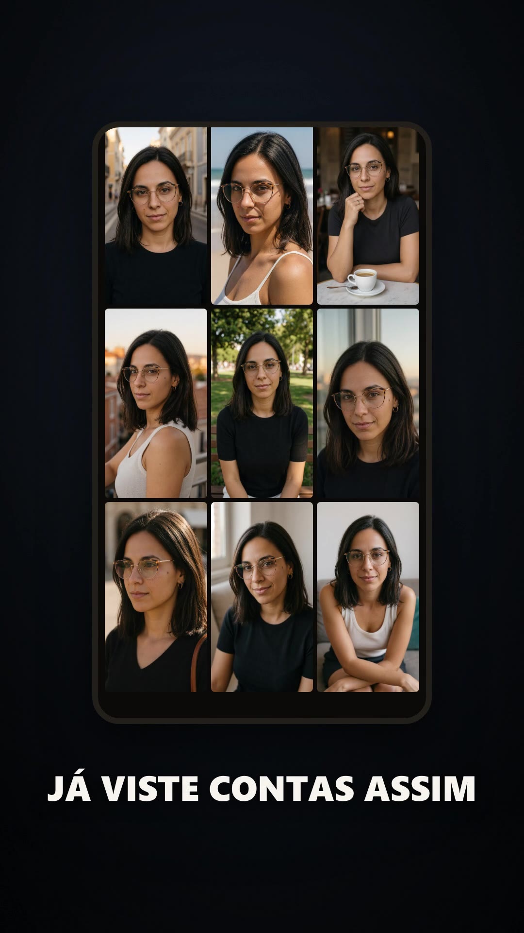Uma mulher gerada por computador, em quatro cenários diferentes